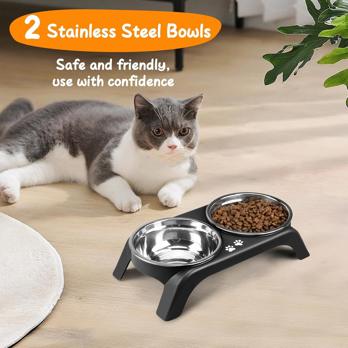 Elevated Dog Bowls, 4 Height Adjustable Raised Bowl Stand with 2 Thick 50oz Stainless Steel Food Bowls Non-Slip Feeder Adjusts to 3.7'', 9.2'', 10.75'', 12.36'' Black, (DB-W01)