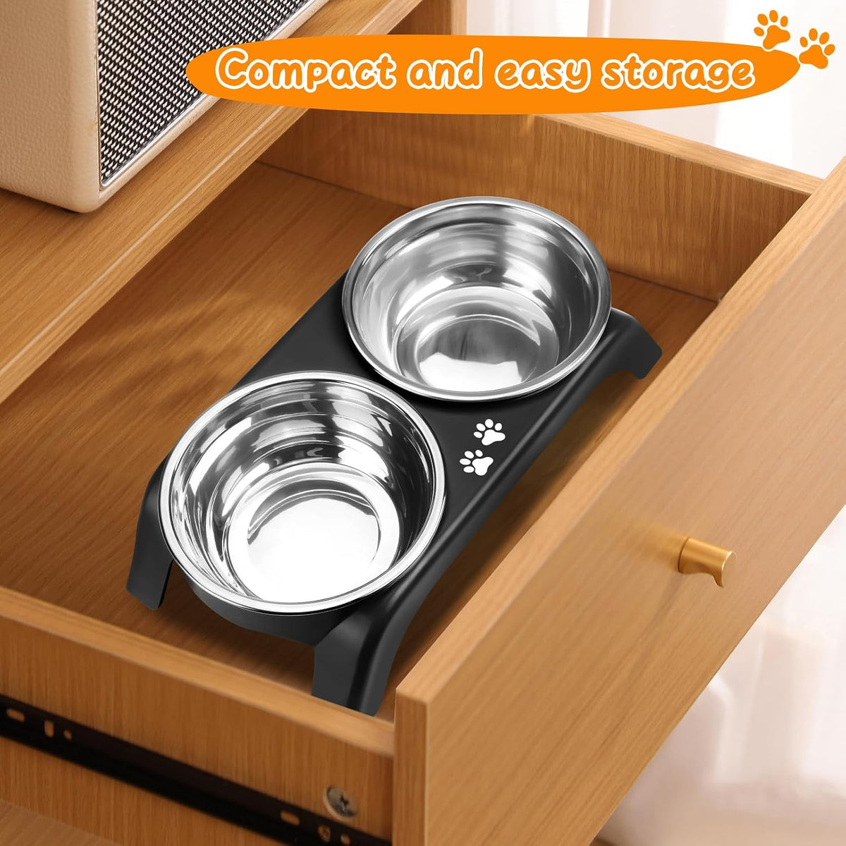 Elevated Dog Bowls, 4 Height Adjustable Raised Bowl Stand with 2 Thick 50oz Stainless Steel Food Bowls Non-Slip Feeder Adjusts to 3.7'', 9.2'', 10.75'', 12.36'' Black, (DB-W01)