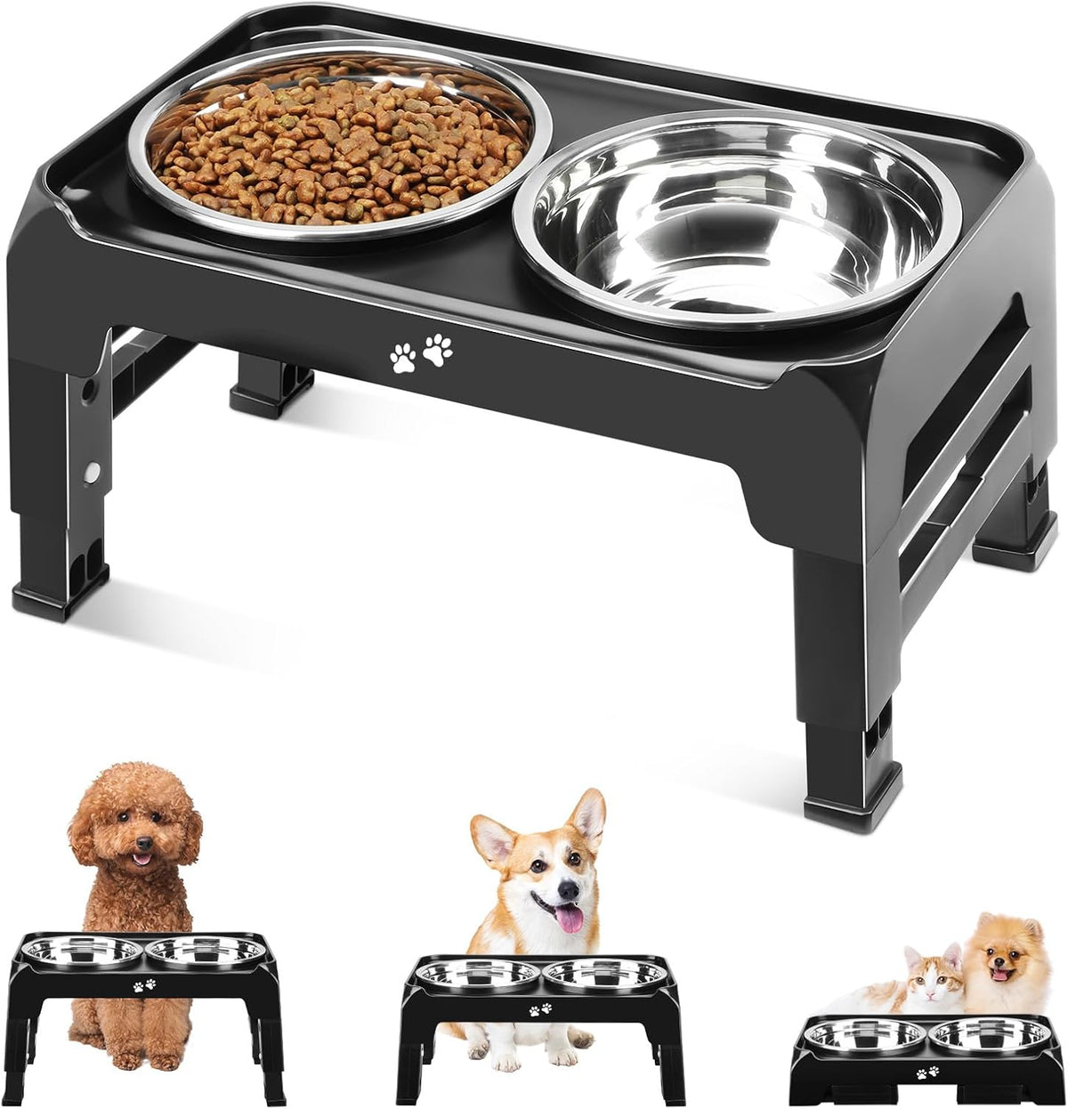 Elevated Dog Bowls, 4 Height Adjustable Raised Bowl Stand with 2 Thick 50oz Stainless Steel Food Bowls Non-Slip Feeder Adjusts to 3.7'', 9.2'', 10.75'', 12.36'' Black, (DB-W01)