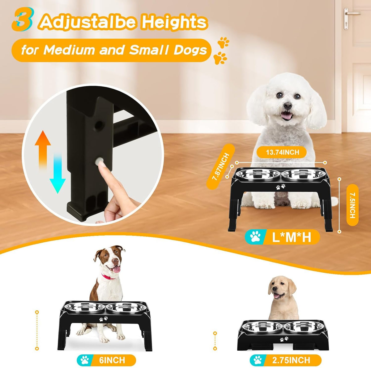 Elevated Dog Bowls, 4 Height Adjustable Raised Bowl Stand with 2 Thick 50oz Stainless Steel Food Bowls Non-Slip Feeder Adjusts to 3.7'', 9.2'', 10.75'', 12.36'' Black, (DB-W01)