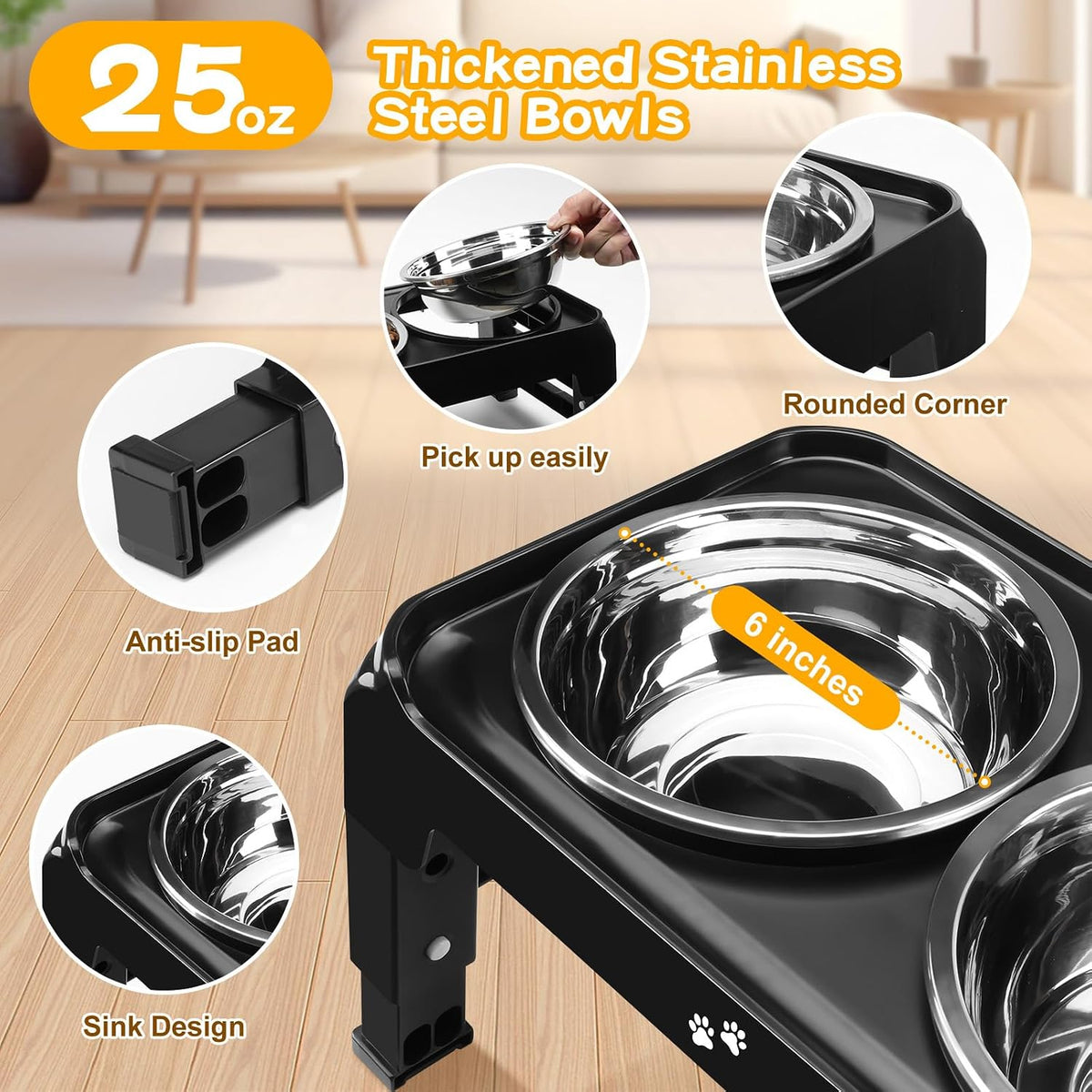 Elevated Dog Bowls, 4 Height Adjustable Raised Bowl Stand with 2 Thick 50oz Stainless Steel Food Bowls Non-Slip Feeder Adjusts to 3.7'', 9.2'', 10.75'', 12.36'' Black, (DB-W01)