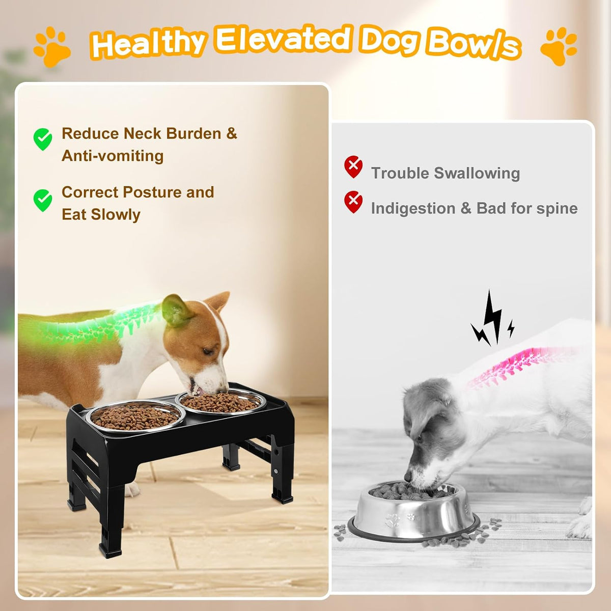 Elevated Dog Bowls, 4 Height Adjustable Raised Bowl Stand with 2 Thick 50oz Stainless Steel Food Bowls Non-Slip Feeder Adjusts to 3.7'', 9.2'', 10.75'', 12.36'' Black, (DB-W01)