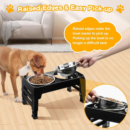 Elevated Dog Bowls, 4 Height Adjustable Raised Bowl Stand with 2 Thick 50oz Stainless Steel Food Bowls Non-Slip Feeder Adjusts to 3.7'', 9.2'', 10.75'', 12.36'' Black, (DB-W01)