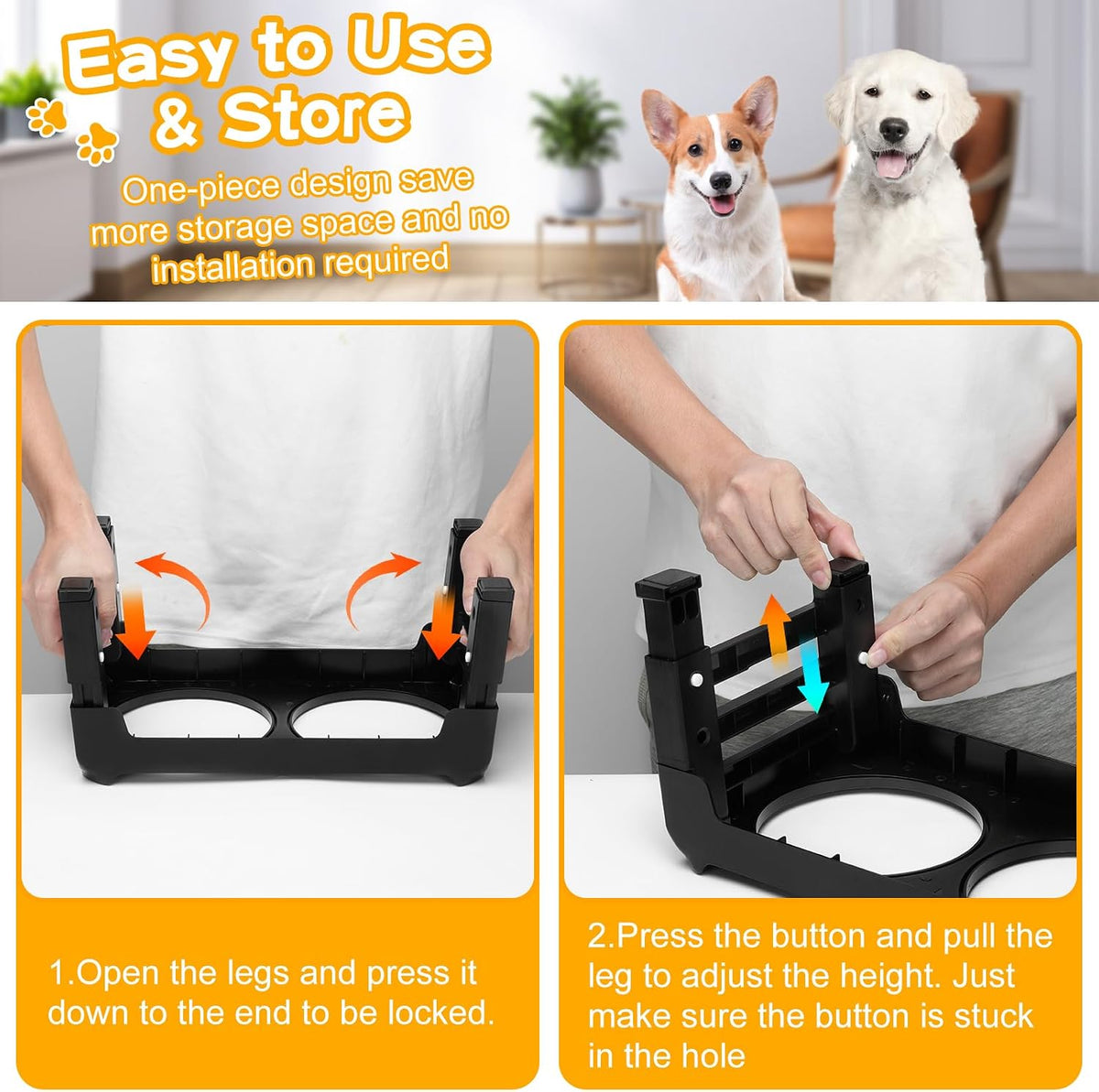 Elevated Dog Bowls, 4 Height Adjustable Raised Bowl Stand with 2 Thick 50oz Stainless Steel Food Bowls Non-Slip Feeder Adjusts to 3.7'', 9.2'', 10.75'', 12.36'' Black, (DB-W01)