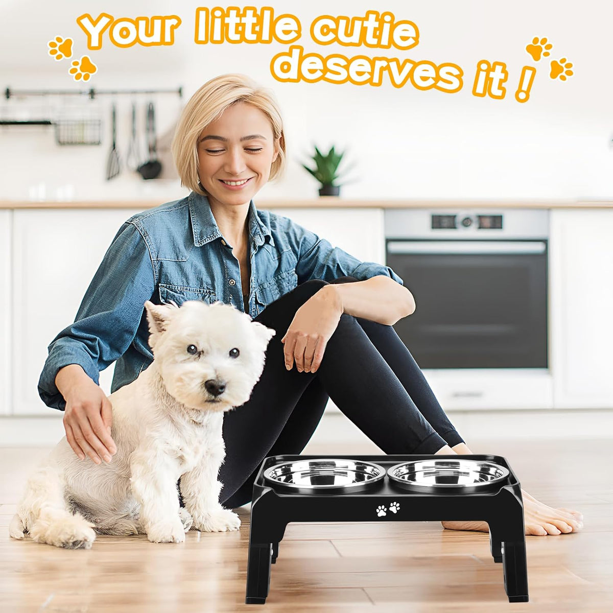 Elevated Dog Bowls, 4 Height Adjustable Raised Bowl Stand with 2 Thick 50oz Stainless Steel Food Bowls Non-Slip Feeder Adjusts to 3.7'', 9.2'', 10.75'', 12.36'' Black, (DB-W01)