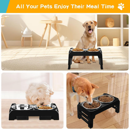 Elevated Dog Bowls, 4 Height Adjustable Raised Bowl Stand with 2 Thick 50oz Stainless Steel Food Bowls Non-Slip Feeder Adjusts to 3.7'', 9.2'', 10.75'', 12.36'' Black, (DB-W01)