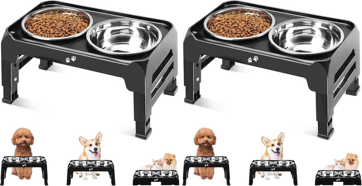Elevated Dog Bowls, 4 Height Adjustable Raised Bowl Stand with 2 Thick 50oz Stainless Steel Food Bowls Non-Slip Feeder Adjusts to 3.7'', 9.2'', 10.75'', 12.36'' Black, (DB-W01)