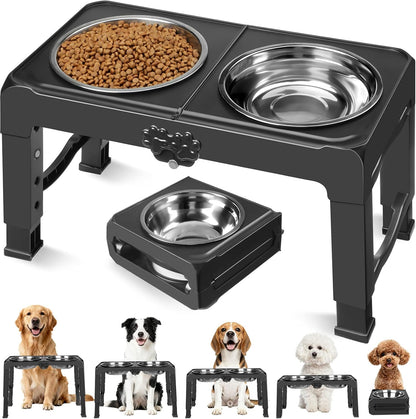 Elevated Dog Bowls, 4 Height Adjustable Raised Bowl Stand with 2 Thick 50oz Stainless Steel Food Bowls Non-Slip Feeder Adjusts to 3.7'', 9.2'', 10.75'', 12.36'' Black, (DB-W01)