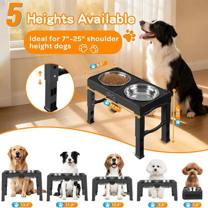 Elevated Dog Bowls, 4 Height Adjustable Raised Bowl Stand with 2 Thick 50oz Stainless Steel Food Bowls Non-Slip Feeder Adjusts to 3.7'', 9.2'', 10.75'', 12.36'' Black, (DB-W01)
