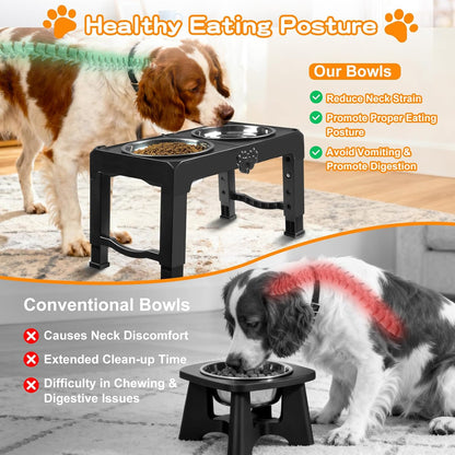 Elevated Dog Bowls, 4 Height Adjustable Raised Bowl Stand with 2 Thick 50oz Stainless Steel Food Bowls Non-Slip Feeder Adjusts to 3.7'', 9.2'', 10.75'', 12.36'' Black, (DB-W01)