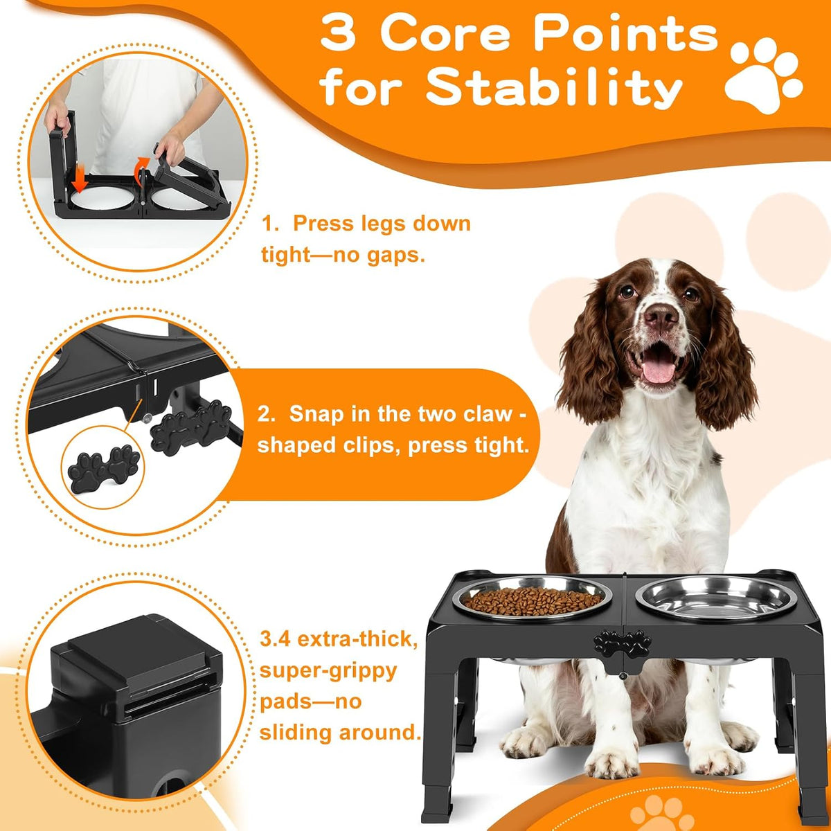 Elevated Dog Bowls, 4 Height Adjustable Raised Bowl Stand with 2 Thick 50oz Stainless Steel Food Bowls Non-Slip Feeder Adjusts to 3.7'', 9.2'', 10.75'', 12.36'' Black, (DB-W01)