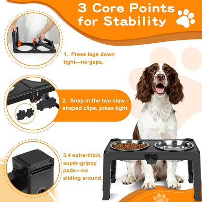 Elevated Dog Bowls, 4 Height Adjustable Raised Bowl Stand with 2 Thick 50oz Stainless Steel Food Bowls Non-Slip Feeder Adjusts to 3.7'', 9.2'', 10.75'', 12.36'' Black, (DB-W01)