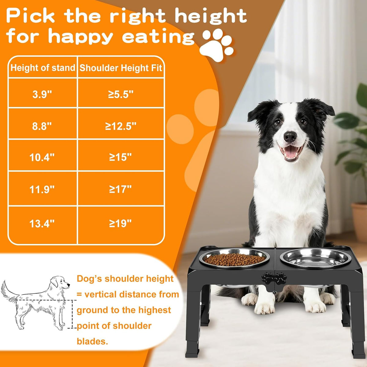Elevated Dog Bowls, 4 Height Adjustable Raised Bowl Stand with 2 Thick 50oz Stainless Steel Food Bowls Non-Slip Feeder Adjusts to 3.7'', 9.2'', 10.75'', 12.36'' Black, (DB-W01)