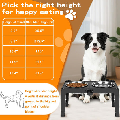 Elevated Dog Bowls, 4 Height Adjustable Raised Bowl Stand with 2 Thick 50oz Stainless Steel Food Bowls Non-Slip Feeder Adjusts to 3.7'', 9.2'', 10.75'', 12.36'' Black, (DB-W01)