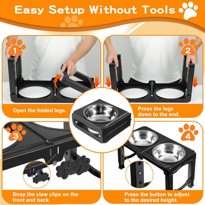 Elevated Dog Bowls, 4 Height Adjustable Raised Bowl Stand with 2 Thick 50oz Stainless Steel Food Bowls Non-Slip Feeder Adjusts to 3.7'', 9.2'', 10.75'', 12.36'' Black, (DB-W01)