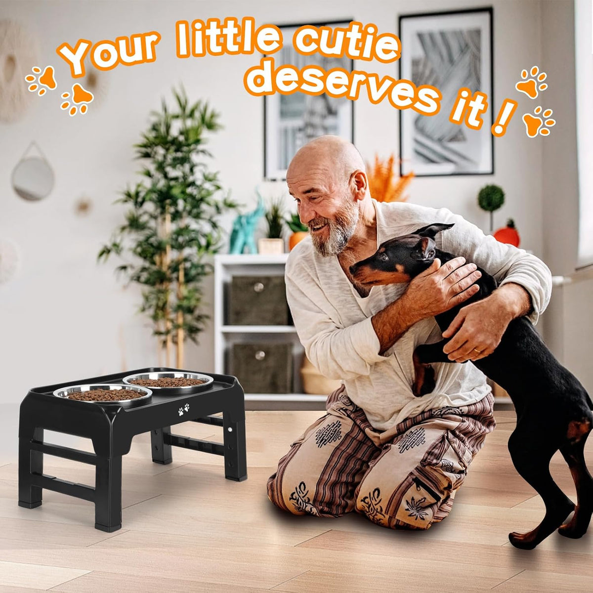 Elevated Dog Bowls, 4 Height Adjustable Raised Bowl Stand with 2 Thick 50oz Stainless Steel Food Bowls Non-Slip Feeder Adjusts to 3.7'', 9.2'', 10.75'', 12.36'' Black, (DB-W01)