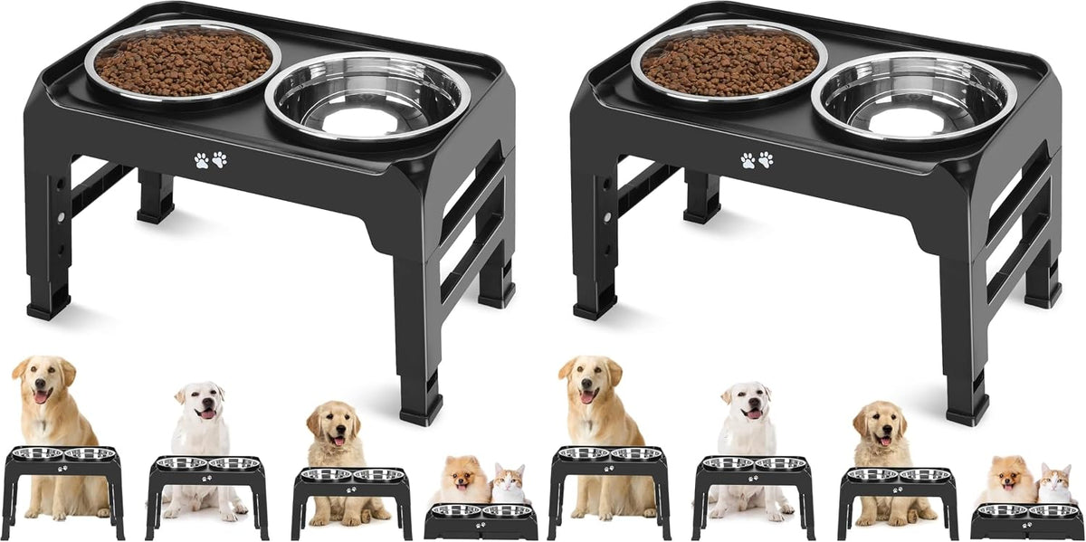 Elevated Dog Bowls, 4 Height Adjustable Raised Bowl Stand with 2 Thick 50oz Stainless Steel Food Bowls Non-Slip Feeder Adjusts to 3.7'', 9.2'', 10.75'', 12.36'' Black, (DB-W01)