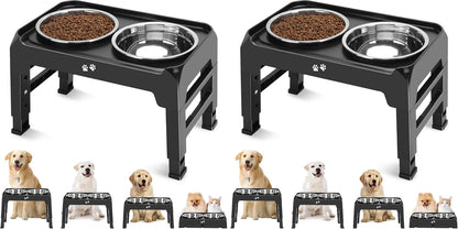 Elevated Dog Bowls, 4 Height Adjustable Raised Bowl Stand with 2 Thick 50oz Stainless Steel Food Bowls Non-Slip Feeder Adjusts to 3.7'', 9.2'', 10.75'', 12.36'' Black, (DB-W01)