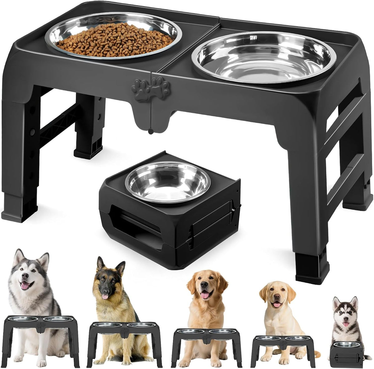 Elevated Dog Bowls, 4 Height Adjustable Raised Bowl Stand with 2 Thick 50oz Stainless Steel Food Bowls Non-Slip Feeder Adjusts to 3.7'', 9.2'', 10.75'', 12.36'' Black, (DB-W01)