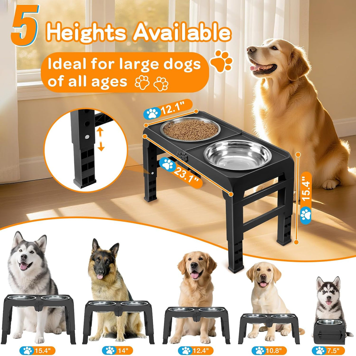 Elevated Dog Bowls, 4 Height Adjustable Raised Bowl Stand with 2 Thick 50oz Stainless Steel Food Bowls Non-Slip Feeder Adjusts to 3.7'', 9.2'', 10.75'', 12.36'' Black, (DB-W01)