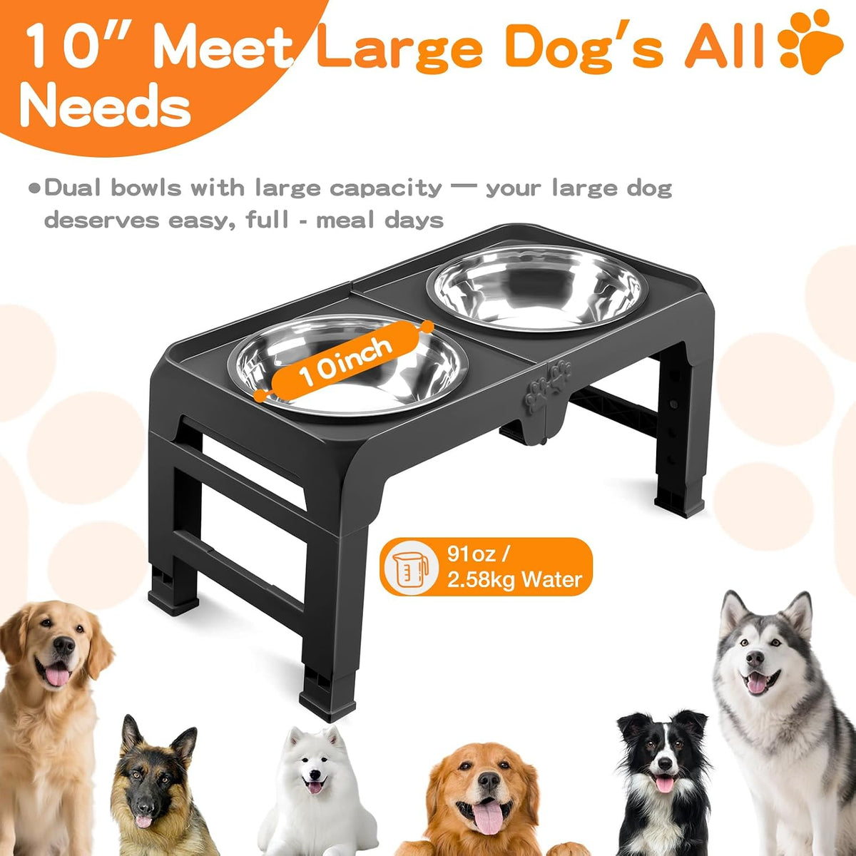 Elevated Dog Bowls, 4 Height Adjustable Raised Bowl Stand with 2 Thick 50oz Stainless Steel Food Bowls Non-Slip Feeder Adjusts to 3.7'', 9.2'', 10.75'', 12.36'' Black, (DB-W01)