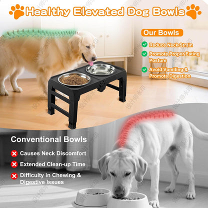 Elevated Dog Bowls, 4 Height Adjustable Raised Bowl Stand with 2 Thick 50oz Stainless Steel Food Bowls Non-Slip Feeder Adjusts to 3.7'', 9.2'', 10.75'', 12.36'' Black, (DB-W01)