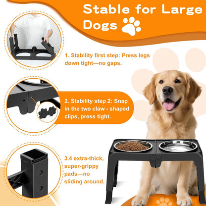 Elevated Dog Bowls, 4 Height Adjustable Raised Bowl Stand with 2 Thick 50oz Stainless Steel Food Bowls Non-Slip Feeder Adjusts to 3.7'', 9.2'', 10.75'', 12.36'' Black, (DB-W01)