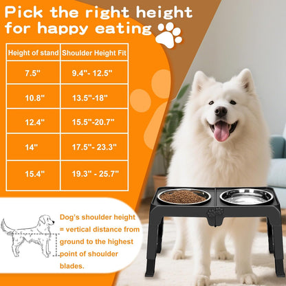 Elevated Dog Bowls, 4 Height Adjustable Raised Bowl Stand with 2 Thick 50oz Stainless Steel Food Bowls Non-Slip Feeder Adjusts to 3.7'', 9.2'', 10.75'', 12.36'' Black, (DB-W01)