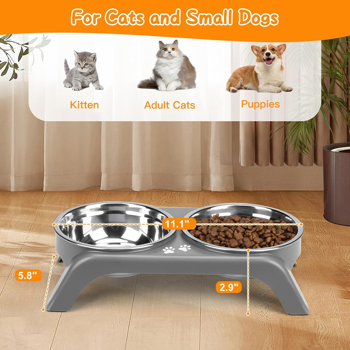 Elevated Dog Bowls, 4 Height Adjustable Raised Bowl Stand with 2 Thick 50oz Stainless Steel Food Bowls Non-Slip Feeder Adjusts to 3.7'', 9.2'', 10.75'', 12.36'' Black, (DB-W01)
