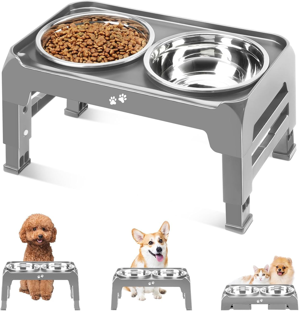 Elevated Dog Bowls, 4 Height Adjustable Raised Bowl Stand with 2 Thick 50oz Stainless Steel Food Bowls Non-Slip Feeder Adjusts to 3.7'', 9.2'', 10.75'', 12.36'' Black, (DB-W01)