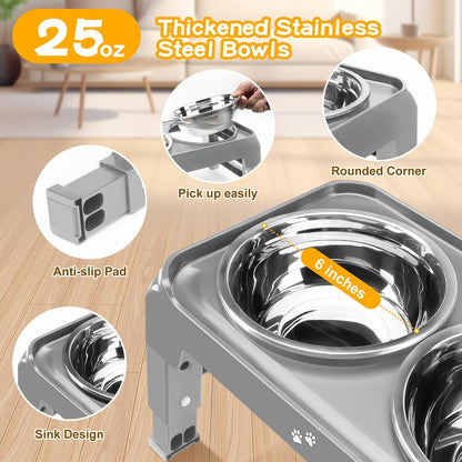 Elevated Dog Bowls, 4 Height Adjustable Raised Bowl Stand with 2 Thick 50oz Stainless Steel Food Bowls Non-Slip Feeder Adjusts to 3.7'', 9.2'', 10.75'', 12.36'' Black, (DB-W01)