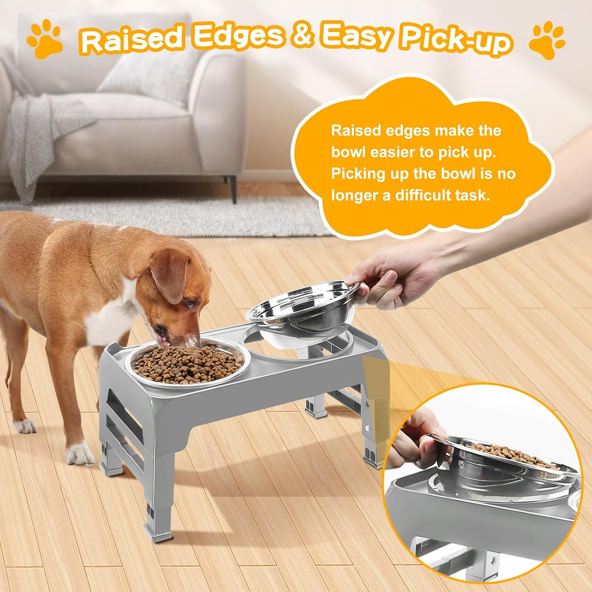 Elevated Dog Bowls, 4 Height Adjustable Raised Bowl Stand with 2 Thick 50oz Stainless Steel Food Bowls Non-Slip Feeder Adjusts to 3.7'', 9.2'', 10.75'', 12.36'' Black, (DB-W01)