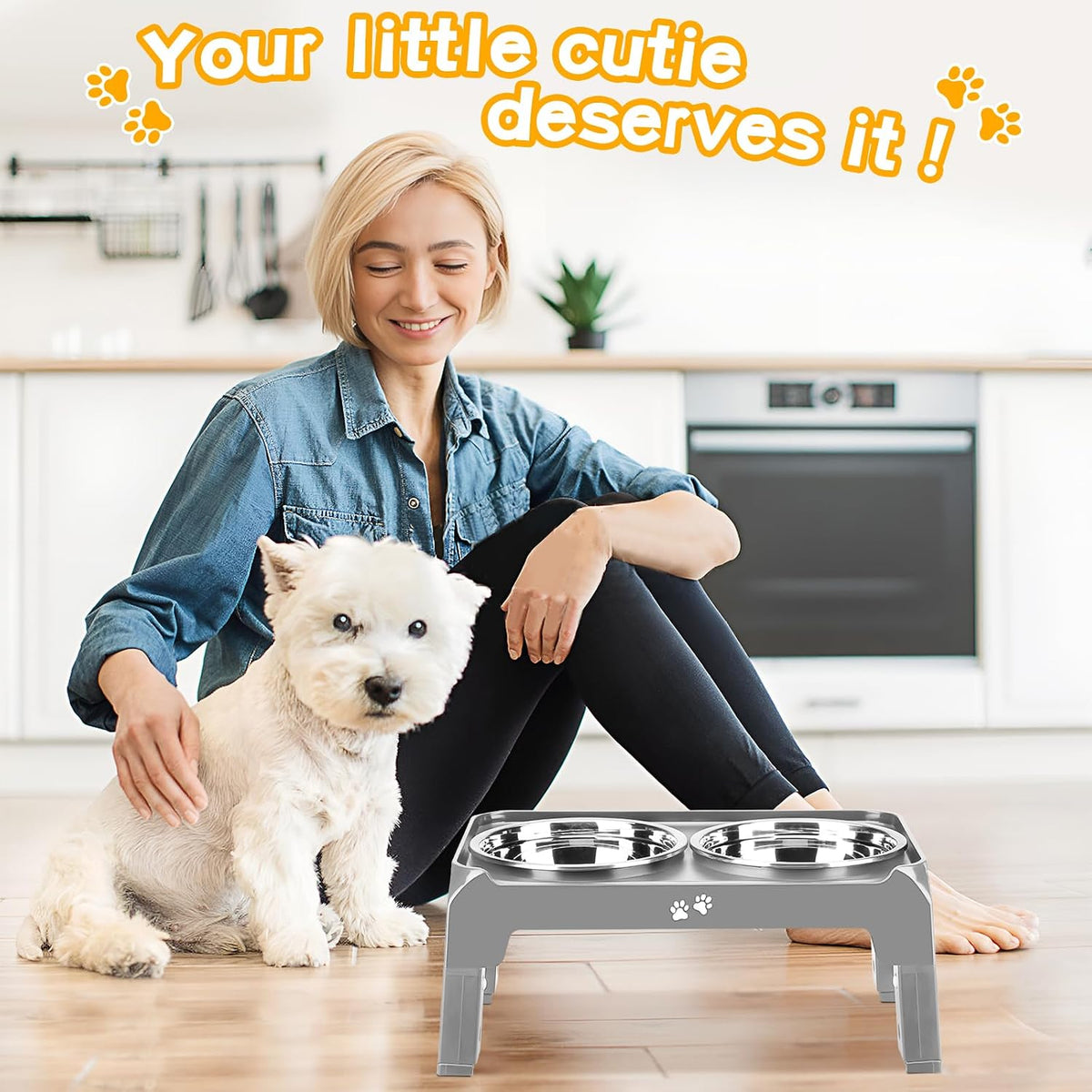 Elevated Dog Bowls, 4 Height Adjustable Raised Bowl Stand with 2 Thick 50oz Stainless Steel Food Bowls Non-Slip Feeder Adjusts to 3.7'', 9.2'', 10.75'', 12.36'' Black, (DB-W01)
