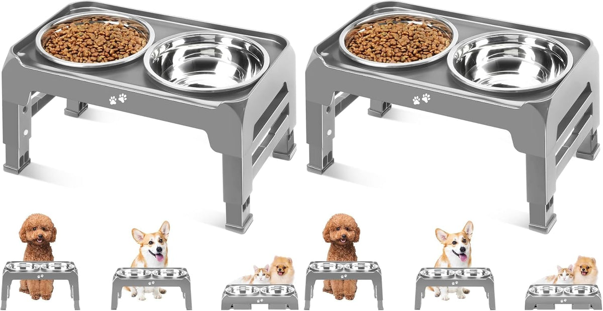 Elevated Dog Bowls, 4 Height Adjustable Raised Bowl Stand with 2 Thick 50oz Stainless Steel Food Bowls Non-Slip Feeder Adjusts to 3.7'', 9.2'', 10.75'', 12.36'' Black, (DB-W01)