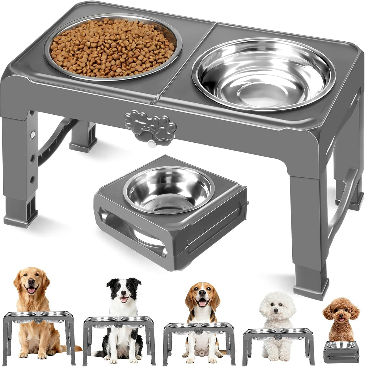 Elevated Dog Bowls, 4 Height Adjustable Raised Bowl Stand with 2 Thick 50oz Stainless Steel Food Bowls Non-Slip Feeder Adjusts to 3.7'', 9.2'', 10.75'', 12.36'' Black, (DB-W01)