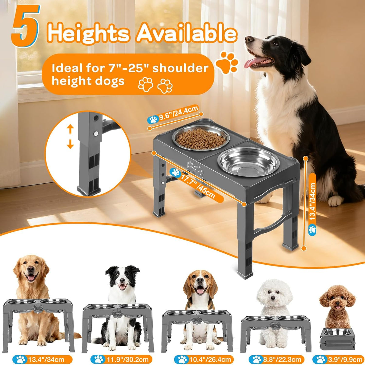 Elevated Dog Bowls, 4 Height Adjustable Raised Bowl Stand with 2 Thick 50oz Stainless Steel Food Bowls Non-Slip Feeder Adjusts to 3.7'', 9.2'', 10.75'', 12.36'' Black, (DB-W01)