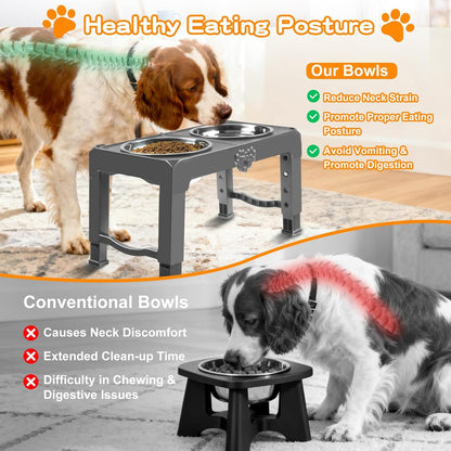 Elevated Dog Bowls, 4 Height Adjustable Raised Bowl Stand with 2 Thick 50oz Stainless Steel Food Bowls Non-Slip Feeder Adjusts to 3.7'', 9.2'', 10.75'', 12.36'' Black, (DB-W01)