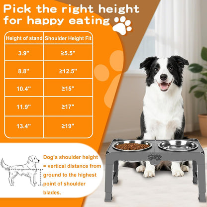Elevated Dog Bowls, 4 Height Adjustable Raised Bowl Stand with 2 Thick 50oz Stainless Steel Food Bowls Non-Slip Feeder Adjusts to 3.7'', 9.2'', 10.75'', 12.36'' Black, (DB-W01)