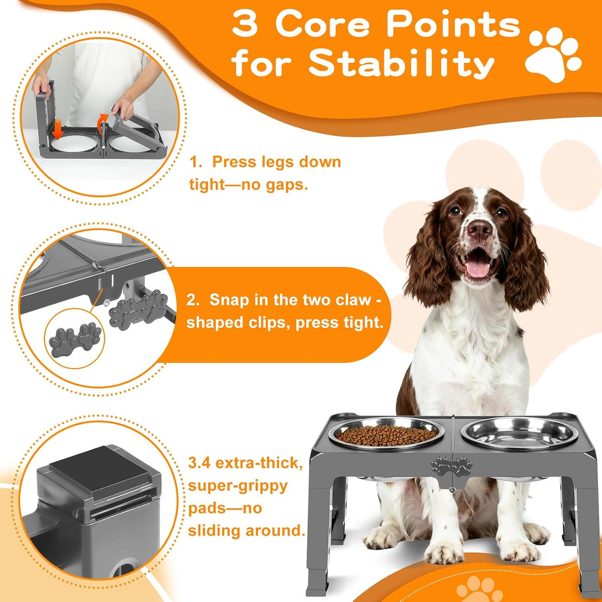 Elevated Dog Bowls, 4 Height Adjustable Raised Bowl Stand with 2 Thick 50oz Stainless Steel Food Bowls Non-Slip Feeder Adjusts to 3.7'', 9.2'', 10.75'', 12.36'' Black, (DB-W01)
