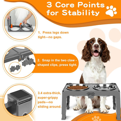 Elevated Dog Bowls, 4 Height Adjustable Raised Bowl Stand with 2 Thick 50oz Stainless Steel Food Bowls Non-Slip Feeder Adjusts to 3.7'', 9.2'', 10.75'', 12.36'' Black, (DB-W01)