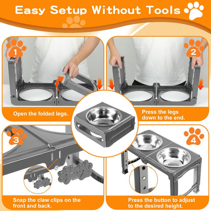 Elevated Dog Bowls, 4 Height Adjustable Raised Bowl Stand with 2 Thick 50oz Stainless Steel Food Bowls Non-Slip Feeder Adjusts to 3.7'', 9.2'', 10.75'', 12.36'' Black, (DB-W01)