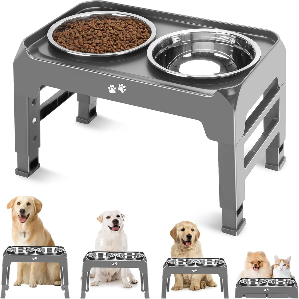 Elevated Dog Bowls, 4 Height Adjustable Raised Bowl Stand with 2 Thick 50oz Stainless Steel Food Bowls Non-Slip Feeder Adjusts to 3.7'', 9.2'', 10.75'', 12.36'' Black, (DB-W01)