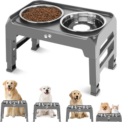 Elevated Dog Bowls, 4 Height Adjustable Raised Bowl Stand with 2 Thick 50oz Stainless Steel Food Bowls Non-Slip Feeder Adjusts to 3.7'', 9.2'', 10.75'', 12.36'' Black, (DB-W01)
