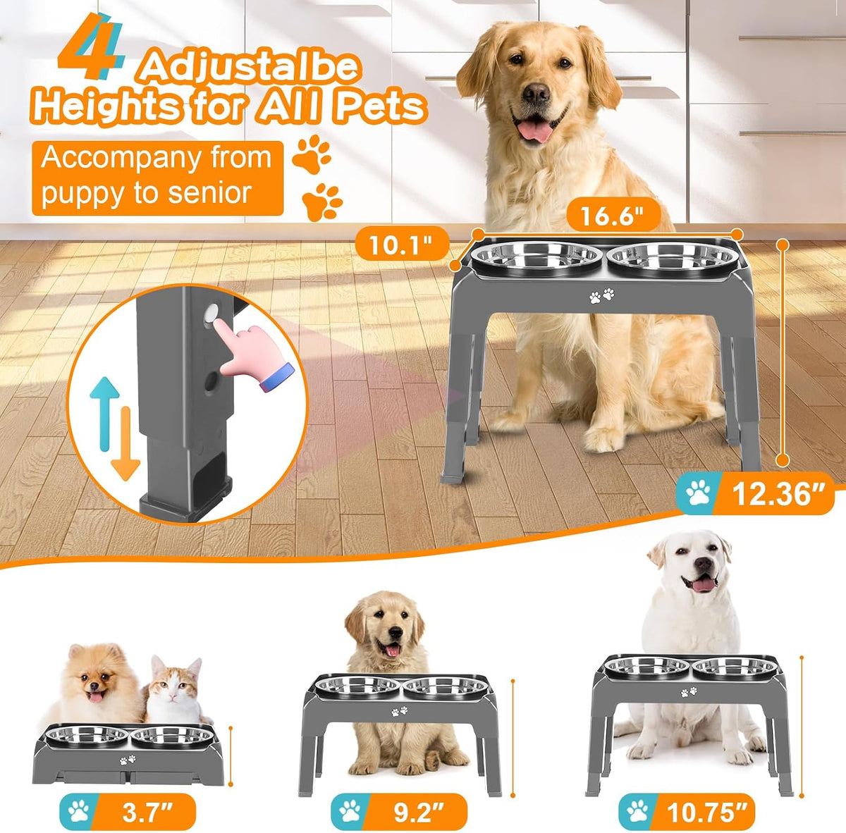 Elevated Dog Bowls, 4 Height Adjustable Raised Bowl Stand with 2 Thick 50oz Stainless Steel Food Bowls Non-Slip Feeder Adjusts to 3.7'', 9.2'', 10.75'', 12.36'' Black, (DB-W01)