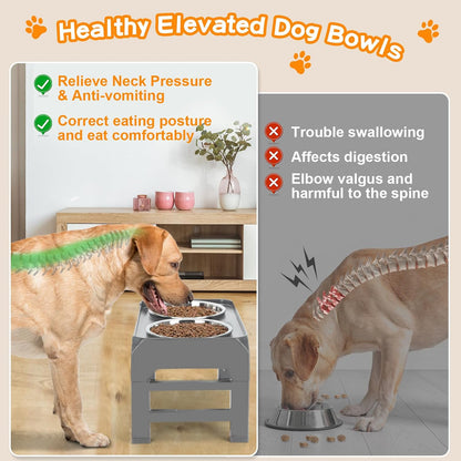 Elevated Dog Bowls, 4 Height Adjustable Raised Bowl Stand with 2 Thick 50oz Stainless Steel Food Bowls Non-Slip Feeder Adjusts to 3.7'', 9.2'', 10.75'', 12.36'' Black, (DB-W01)
