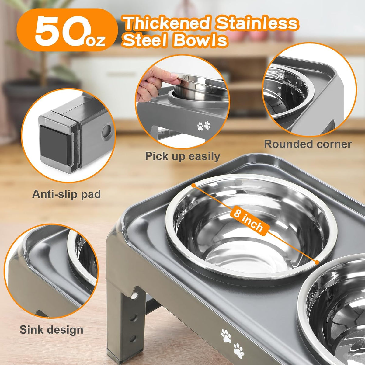 Elevated Dog Bowls, 4 Height Adjustable Raised Bowl Stand with 2 Thick 50oz Stainless Steel Food Bowls Non-Slip Feeder Adjusts to 3.7'', 9.2'', 10.75'', 12.36'' Black, (DB-W01)