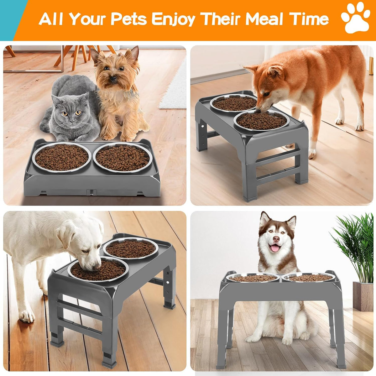 Elevated Dog Bowls, 4 Height Adjustable Raised Bowl Stand with 2 Thick 50oz Stainless Steel Food Bowls Non-Slip Feeder Adjusts to 3.7'', 9.2'', 10.75'', 12.36'' Black, (DB-W01)