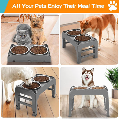 Elevated Dog Bowls, 4 Height Adjustable Raised Bowl Stand with 2 Thick 50oz Stainless Steel Food Bowls Non-Slip Feeder Adjusts to 3.7'', 9.2'', 10.75'', 12.36'' Black, (DB-W01)