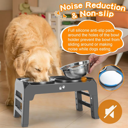 Elevated Dog Bowls, 4 Height Adjustable Raised Bowl Stand with 2 Thick 50oz Stainless Steel Food Bowls Non-Slip Feeder Adjusts to 3.7'', 9.2'', 10.75'', 12.36'' Black, (DB-W01)