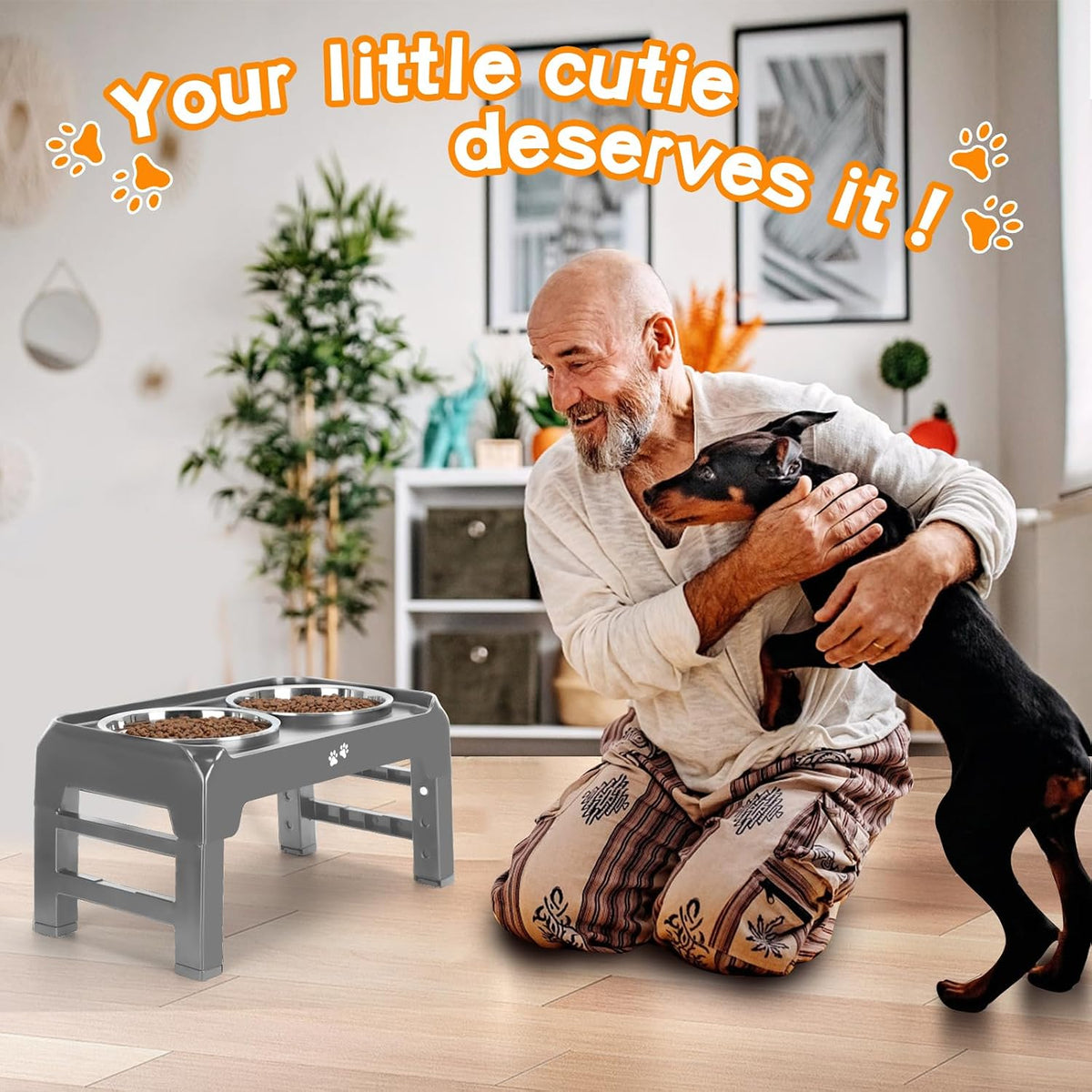 Elevated Dog Bowls, 4 Height Adjustable Raised Bowl Stand with 2 Thick 50oz Stainless Steel Food Bowls Non-Slip Feeder Adjusts to 3.7'', 9.2'', 10.75'', 12.36'' Black, (DB-W01)